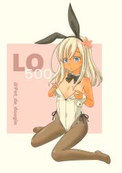 Rule 34 | 1girl, absurdres, animal ears, black bow, black bowtie, black pantyhose, blonde hair, blue eyes, bow, bowtie, character name, commentary request, detached collar, fake animal ears, flat chest, flower, hair flower, hair ornament, highres, kantai collection, leotard, one-piece tan, pantyhose, playboy bunny, pot-de, rabbit ears, ro-500 (kancolle), side-tie leotard, solo, strapless, strapless leotard, tan, tanline, twitter username, white leotard, wrist cuffs