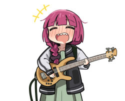 Rule 34 | 1girl, @ @, absurdres, bass guitar, black bow, black jacket, black nails, blunt bangs, bocchi the rock!, bow, braid, closed eyes, dress, drooling, green dress, hair bow, hair over shoulder, highres, hiroi kikuri, holding, holding instrument, instrument, jacket, long hair, long sleeves, mitche, mouth drool, multicolored clothes, multicolored jacket, music, nail polish, open clothes, open jacket, open mouth, playing instrument, purple hair, sharp teeth, simple background, single braid, smile, solo, teeth, two-tone jacket, white background, white jacket