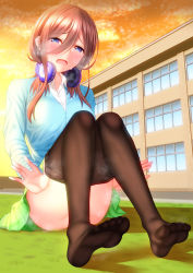 Rule 34 | 1girl, absurdres, ass, blue cardigan, blue eyes, blush, breath, brown hair, brown pantyhose, building, buttons, cardigan, clothes pull, collared shirt, commentary request, convenient leg, evening, feet, go-toubun no hanayome, grass, green skirt, hair between eyes, half-closed eyes, headphones, headphones around neck, highres, knees up, long hair, long sleeves, looking at viewer, miniskirt, nakano miku, no shoes, open mouth, orange sky, outdoors, pantyhose, pantyhose pull, pleated skirt, pulled by self, shadow, shirouzu myuuta, shirt, sidelocks, sitting, skirt, sky, soles, solo, sunset, sweat, white shirt