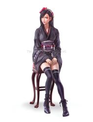 Rule 34 | 1girl, asymmetrical bangs, black footwear, black hair, black kimono, black thighhighs, boots, breasts, final fantasy, final fantasy vii, final fantasy vii remake, flower, full body, hair flower, hair ornament, hairband, hands on lap, high heel boots, high heels, highres, japanese clothes, kimono, large breasts, lipstick, long hair, looking at viewer, makeup, obi, official alternate costume, red eyes, sash, short kimono, sitting, solo, spykeee, square enix, stool, thighhighs, thighs, tifa lockhart, tifa lockhart (exotic dress), twitter username, wall market, white background, wide sleeves, zettai ryouiki
