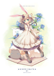 Rule 34 | 1girl, :d, animal ears, bad id, bad pixiv id, blonde hair, blush, book, rabbit ears, cat, cover, cover page, dog, dress, flower, green eyes, hirose madoka, open book, open mouth, original, sheep, short hair, smile, solo