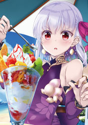 Rule 34 | 1girl, bare shoulders, beach, beach umbrella, blush, breasts, collarbone, commentary request, day, detached sleeves, dress, drooling, earrings, fate/grand order, fate (series), food, fruit, hair between eyes, hair ribbon, hitsujibane shinobu, holding, holding spoon, jewelry, kama (fate), kama (first ascension) (fate), kiwi (fruit), kiwi slice, long sleeves, mint, open mouth, orange (fruit), orange slice, outdoors, parasol, parfait, parted lips, pink ribbon, purple dress, purple sleeves, red eyes, red ribbon, ribbon, ring, saliva, short hair, silver hair, sleeveless, sleeveless dress, solo, sparkle, spoon, strawberry, umbrella, v-shaped eyebrows, whipped cream