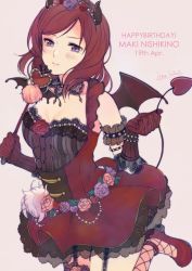 Rule 34 | 1girl, armband, bare shoulders, blush, bracelet, breasts, cleavage, cleavage cutout, clothing cutout, dress, fishnets, flower, frills, fur, gloves, hair ornament, hairband, happy birthday, heart, highres, holding, holding wand, idol, jewelry, kate iwana, lace, looking at viewer, love live!, love live! school idol festival, love live! school idol project, medium breasts, necklace, nishikino maki, purple eyes, red dress, red footwear, red hair, short hair, skirt, sleeveless, sleeveless dress, solo, wand, wings