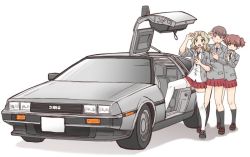 Rule 34 | 10s, 3girls, alisa (girls und panzer), back to the future, black neckwear, blazer, blonde hair, blouse, blue eyes, blue footwear, car, collared shirt, commentary, cross-laced footwear, delorean, foot up, frown, full body, girls und panzer, grey jacket, gullwing doors, hair intakes, jacket, kay (girls und panzer), long hair, long sleeves, looking at viewer, looking at watch, miniskirt, motor vehicle, multiple girls, naomi (girls und panzer), necktie, open clothes, open jacket, open mouth, parody, pleated skirt, red skirt, saunders school uniform, school uniform, shirt, shoes, simple background, skirt, sleeves rolled up, sneakers, standing, thighhighs, uona telepin, vehicle focus, watch, white background, white legwear, white shirt, wristwatch