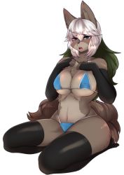 Rule 34 | 1girl, bra, breasts, buried frog, female focus, full body, furry, furry female, green eyes, green hair, highres, long hair, matching hair/eyes, multicolored hair, open mouth, panties, simple background, solo, thighhighs, two-tone hair, underwear, white background, white hair, wolf