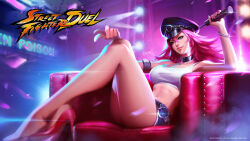 Rule 34 | bangle, bracelet, capcom, chain, couch, high heels, highres, jewelry, logo, pink hair, poison (final fight), short shorts, shorts, sitting, stage lights, street fighter, whip