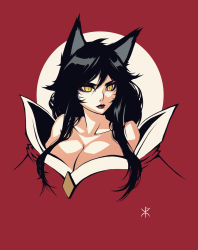 Rule 34 | 1girl, absurdres, ahri (league of legends), animal ears, apoloniodraws, black hair, breasts, cleavage, fox ears, highres, large breasts, league of legends, long hair, looking at viewer, moon, red background, red lips, slit pupils, solo, upper body, yellow eyes