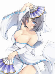Rule 34 | 1girl, arm up, bare shoulders, blue eyes, blush, breasts, cleavage, collarbone, folding fan, grey hair, hand fan, highres, holding, holding fan, japanese clothes, kimono, large breasts, looking at viewer, senran kagura, simple background, smile, solo, tabii, white background, white kimono, wide sleeves, yumi (senran kagura)