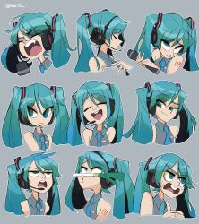 Rule 34 | angry, aqua eyes, aqua hair, aqua necktie, closed eyes, expression chart, expressions, frustrated, grey shirt, hatsune miku, headphones, headset, highres, long hair, mori no ji, multiple views, music, necktie, nervous, object on head, shirt, singing, sleeveless, smile, smirk, smug, spring onion, sweat, twintails, very long hair, vocaloid, worried