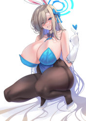 Rule 34 | 1girl, absurdres, animal ears, asuna (blue archive), asuna (bunny) (blue archive), bare shoulders, blue archive, blue eyes, blue leotard, blush, bow, breasts, brown pantyhose, cleavage, detached collar, elbow gloves, fake animal ears, funaya (a2brasd), gloves, grin, hair bow, hair over one eye, halo, high heels, highleg, highleg leotard, highres, large breasts, leotard, light brown hair, long hair, looking at viewer, mole, mole on breast, one eye closed, pantyhose, playboy bunny, rabbit ears, smile, squatting, thick thighs, thighband pantyhose, thighs, very long hair, white footwear, white gloves