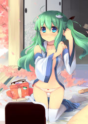 Rule 34 | 1girl, adjusting hair, alternate hairstyle, bag, bow, bow panties, cherry blossoms, collarbone, female focus, frog hair ornament, green eyes, green hair, hair ornament, handbag, hat, jewelry, kneeling, kochiya sanae, long hair, matching hair/eyes, necklace, no bra, no pants, no shoes, open clothes, panties, petals, shin (new), smile, snake, solo, thighhighs, touhou, twintails, underwear, white thighhighs, wind