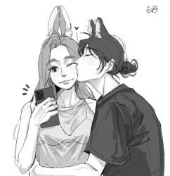 Rule 34 | animal ears, animification, blush, boke (woxihuanqincai), bra, cellphone, chinese commentary, commission, dog ears, greyscale, holding, holding phone, k-pop, kemonomimi mode, kiss, kissing cheek, looking at viewer, mamamoo, monochrome, moonbyul (mamamoo), one eye closed, phone, rabbit ears, real life, see-through, see-through shirt, shirt, simple background, sleeveless, sleeveless shirt, smartphone, smile, solar (mamamoo), underwear, white background