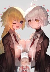 Rule 34 | 3girls, blonde hair, blue eyes, braid, braided ponytail, breasts, cum, cum on body, cum on breasts, cum on upper body, fate/grand order, fate (series), grey hair, highres, jacket, jeanne d&#039;arc (fate), jeanne d&#039;arc alter (avenger) (fate), jeanne d&#039;arc alter (fate), jeanne d&#039;arc alter santa lily (fate), large breasts, long hair, long sleeves, looking at viewer, m0 chi, multiple girls, nipples, one eye closed, open clothes, open jacket, open mouth, school uniform, short hair, small breasts, smile, yellow eyes