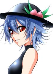 Rule 34 | 1girl, alternate hair length, alternate hairstyle, bad id, bad pixiv id, bare shoulders, blue hair, female focus, hat, hinanawi tenshi, looking at viewer, mattari yufi, red eyes, short hair, simple background, sleeveless, smile, solo, touhou, upper body, white background