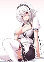Rule 34 | 1girl, anchor, apron, arm support, azur lane, bed sheet, black dress, blush, breasts, cleavage, collar, commentary, commentary request, dress, feet out of frame, frilled apron, frills, gradient background, hair between eyes, hairband, head tilt, highres, large breasts, looking at viewer, nori tamago, nose blush, parted lips, pink background, puffy short sleeves, puffy sleeves, red eyes, shirt, short dress, short hair, short sleeves, silver hair, sirius (azur lane), sitting, smile, solo, thighhighs, thighs, waist apron, white apron, white background, white hairband, white shirt, white thighhighs