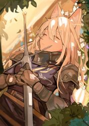 Rule 34 | 1girl, animal ear fluff, animal ears, armor, blonde hair, breastplate, claymore (sword), closed eyes, commentary request, flower, gauntlets, guodong, hair between eyes, holding, holding sword, holding weapon, knight, long bangs, long hair, lying, on back, original, outdoors, parted lips, shoulder armor, sleeping, solo, sword, tree, upper body, weapon, white flower, white hair