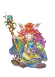 Rule 34 | 1boy, androgynous, brown hair, cloak, facial mark, feather hair ornament, feathers, green eyes, hair ornament, hand on own hip, looking at viewer, male focus, official art, popoi (seiken densetsu 2), seiken densetsu, seiken densetsu 2, shoes, simple background, smile, solo, square enix, staff, whisker markings, white background