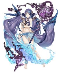 Rule 34 | 1girl, anklet, aqua eyes, barefoot, bracelet, choker, earrings, fins, full body, hair ornament, jewelry, ji no, long hair, looking at viewer, navel, ningyo hime (sinoalice), official art, purple hair, see-through, sinoalice, solo, staff, swimsuit, transparent background, very long hair, water