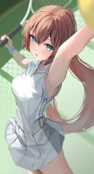 Rule 34 | 1girl, absurdres, arm up, armpit peek, armpits, blue eyes, brown hair, commentary request, cowboy shot, expressionless, from side, guree (haiiro), highres, holding, holding racket, long hair, looking at viewer, looking to the side, miniskirt, original, parted lips, racket, shirt, short sleeves, skirt, solo, sportswear, sweat, tennis, tennis racket, tennis uniform, up sleeve, white shirt, white skirt