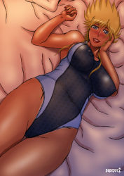 Rule 34 | 1girl, artist name, bed, blonde hair, blue eyes, blush, breasts, breasts apart, competition swimsuit, dark-skinned female, dark skin, dutch angle, facing viewer, honoo no toukyuuji: dodge danpei, ichigeki haruka, impossible clothes, impossible swimsuit, legs together, looking at viewer, lying, on back, on bed, one-piece swimsuit, papepox2, short hair, smile, solo, swimsuit