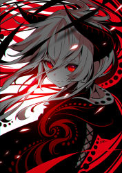 1girl absurdres colored_skin floating_hair hair_between_eyes highres hood hood_down horns long_hair looking_at_viewer original red_theme sanamisa signature solo thick_eyebrows upper_body white_hair white_skin