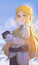 Rule 34 | 1girl, black gloves, blonde hair, braid, breasts, chinese commentary, coat, commentary request, from side, fur-trimmed coat, fur trim, gloves, green eyes, hair ornament, hairclip, highres, holding, long hair, looking at viewer, medium breasts, nintendo, pointy ears, pouch, princess zelda, sheikah slate, snow, solo, the legend of zelda, the legend of zelda: breath of the wild, very long hair, white coat, yun (dl2n5c7kbh8ihcx)