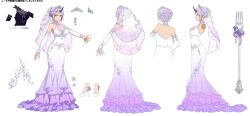 Rule 34 | 1girl, bare shoulders, breasts, bridal gauntlets, bridal veil, bride, character sheet, cleavage, detached sleeves, dress, earrings, flower, fork, giant fork, heart, high heels, highres, horns, jewelry, large breasts, long dress, multiple views, official alternate costume, official art, shion (tensei shitara slime datta ken), tensei shitara slime datta ken, turnaround, veil, weapon, wedding dress