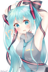 Rule 34 | !?, 1girl, absurdres, aqua eyes, aqua hair, aqua necktie, armpits, arms up, bare shoulders, black skirt, blush, bound, bound arms, bow, bowtie, grey shirt, hair ornament, hatsune miku, highres, long hair, looking at viewer, necktie, noneon319, open mouth, ribbon, shirt, skirt, sleeveless, sleeveless shirt, solo, striped bow, striped ribbon, surprised, twintails, twitter username, upper body, very long hair, vocaloid, white background, wide-eyed
