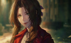 Rule 34 | 1girl, absurdres, aerith gainsborough, artofkuzu, bow, breasts, brown hair, church, closed mouth, collarbone, cropped jacket, drill hair, final fantasy, final fantasy vii, final fantasy vii remake, forehead, green eyes, hair intakes, highres, jacket, jewelry, long hair, looking at viewer, necklace, open clothes, open jacket, parted bangs, pink bow, ponytail, side drill, sidelocks, smile
