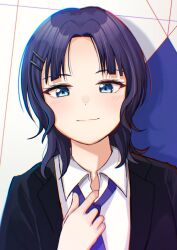 Rule 34 | 1girl, adjusting clothes, adjusting necktie, alternate hairstyle, asaka karin, black jacket, blue eyes, blue hair, blue necktie, blush, closed mouth, collared shirt, commentary request, hair ornament, hairclip, highres, jacket, looking at viewer, love live!, love live! nijigasaki high school idol club, medium hair, necktie, parted bangs, rrtp, shirt, sidelocks, solo, standing, suit jacket, upper body, white shirt