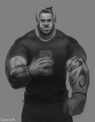 Rule 34 | 1boy, bara, black nails, broad shoulders, contemporary, enydimon, extra tusks, greyscale, large hands, large pectorals, looking at viewer, male focus, mature male, monochrome, monster boy, muscular, muscular male, orc, original, pectorals, pointy ears, selfie, shirt, solo, straight-on, t-shirt, thick eyebrows, tusks