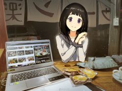 Rule 34 | 1girl, absurdres, blue neckwear, car, chitanda eru, computer, cup, elbow rest, happy, highres, hyouka, indoors, laptop, long hair, long sleeves, motor vehicle, notebook, own hands together, purple eyes, reirs, school, school uniform, signature, sitting, solo, tea