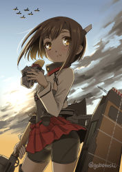 Rule 34 | 10s, 1girl, aircraft, airplane, armor, bike shorts, brown hair, cannon, chewing, cloud, cowboy shot, eating, flight deck, food, from below, headband, headgear, holding, holding food, holding weapon, kantai collection, long sleeves, looking away, looking to the side, machinery, newspaper, outdoors, panties, pantyshot, pleated skirt, short hair, skirt, sky, sogabe toshinori, solo, standing, sweet potato, taihou (kancolle), turret, twitter username, underwear, upskirt, weapon, yellow eyes