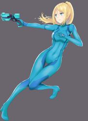 Rule 34 | 1girl, blonde hair, blue bodysuit, blue eyes, bodysuit, breasts, covered navel, covering privates, covering breasts, gun, hair between eyes, metroid, mole, mole under mouth, nintendo, open mouth, ponytail, ru (16857772), samus aran, sidelocks, skin tight, solo, weapon, zero suit