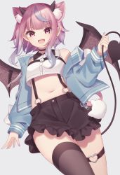 Rule 34 | 1girl, :d, animal ear fluff, animal ears, bare shoulders, bat ears, bat wings, black choker, black shorts, black thighhighs, blue jacket, choker, collared shirt, cowboy shot, crop top, crop top overhang, demon tail, extra ears, fang, frilled shorts, frills, gradient hair, grey background, highres, holding tail, horns, iriam, ironmouse, jacket, long sleeves, looking at viewer, midriff, multicolored hair, navel, off shoulder, open clothes, open jacket, open mouth, pink hair, pointy ears, red eyes, sapphire (sapphire25252), shirt, short hair, short shorts, shorts, sidelocks, simple background, single thighhigh, sleeveless, sleeveless shirt, smile, solo, stomach, streaked hair, suspenders, tail, thigh strap, thighhighs, virtual youtuber, white shirt, wings