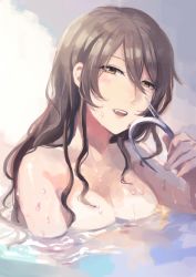 Rule 34 | 10s, 1girl, ashigara (kancolle), bathing, breasts, brown eyes, brown hair, fuji fujino, hairband, kantai collection, long hair, looking at viewer, open mouth, solo, unworn hairband, upper body, wet