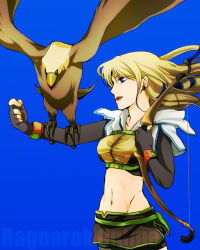Rule 34 | 1girl, belt, bird, black gloves, black shorts, blonde hair, blue background, blue eyes, bow (weapon), breasts, brown shirt, brown skirt, commentary request, copyright name, cowboy shot, crop top, cropped jacket, eagle, elbow gloves, falconry, fingerless gloves, gloves, green belt, holding, holding bow (weapon), holding weapon, hunter (ragnarok online), jacket, koshou (maayan), long hair, looking at animal, medium breasts, midriff, miniskirt, navel, open mouth, ragnarok online, shirt, short shorts, shorts, shorts under skirt, simple background, skirt, solo, weapon, white jacket, wristband