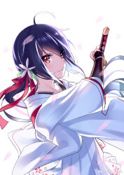 1girl absurdres aer_(tengqiu) ahoge black_hair bridal_gauntlets closed_mouth flower furutaka_(warship_girls_r) hair_flower hair_ornament hair_ribbon highres holding holding_sword holding_weapon japanese_clothes katana kimono long_hair long_sleeves looking_at_viewer low_ponytail petals red_eyes red_ribbon ribbon sheath simple_background skirt smile solo sword tachi_(weapon) warship_girls_r weapon weibo_logo weibo_watermark white_background wide_sleeves