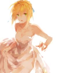 Rule 34 | 1girl, ahoge, artoria pendragon (all), artoria pendragon (fate), breasts, cleavage, dress, fate/stay night, fate (series), green eyes, hair ribbon, mayer, no lineart, ribbon, saber (fate), simple background, small breasts, solo, strapless, strapless dress, white background