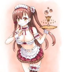 Rule 34 | 1girl, bent over, breasts, brown hair, character request, cleavage, finger to mouth, highres, holding, holding tray, kirara fantasia, ma tsukasa, midriff, navel, red skirt, side ponytail, skirt, solo, thigh strap, tray, waitress, yellow eyes