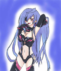 Rule 34 | 1girl, blue hair, bodysuit, breasts, cleavage, elbow gloves, gloves, iris heart, large breasts, leotard, long hair, navel, neptune (series), open mouth, power symbol, pururut, red eyes, simple background, smile, solo, symbol-shaped pupils, very long hair