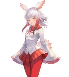 Rule 34 | 10s, 1girl, arms at sides, bad id, bad twitter id, bird tail, blunt bangs, breasts, buttons, collar, cowboy shot, eyelashes, frilled sleeves, frills, fur collar, gloves, gradient hair, head wings, japanese crested ibis (kemono friends), kemono friends, legs together, long hair, long sleeves, miniskirt, multicolored hair, neck ribbon, open mouth, pantyhose, pepeto (cocoyuzumugi), pleated skirt, red gloves, red hair, red pantyhose, red ribbon, red skirt, ribbon, shirt, short hair with long locks, sidelocks, simple background, skirt, sleeves past wrists, small breasts, solo, standing, tail, two-tone hair, white background, white hair, white shirt, wide sleeves, wings, yellow eyes