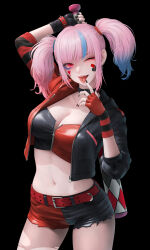 Rule 34 | 1girl, absurdres, baseball bat, belt, breasts, cleavage, cosplay, harley quinn, harley quinn (cosplay), highres, holding, holding weapon, hololive, hololive english, midriff, mori calliope, multicolored hair, nail polish, okoge lab, pink hair, solo, tongue, tongue out, virtual youtuber, weapon
