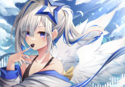 Rule 34 | 1girl, absurdres, alternate hairstyle, amane kanata, angel, angel wings, blue hair, chocolate, cloud, collarbone, colored inner hair, feathered wings, grey hair, highres, hololive, jacket, jacket partially removed, long hair, multicolored hair, off shoulder, ponytail, purple eyes, railing, sky, solo, tsukasa tsubasa, upper body, virtual youtuber, wings