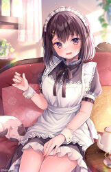 Rule 34 | 1girl, animal, apron, black dress, black hair, breasts, brown eyes, brown hair, brown ribbon, cat, commentary request, couch, cup, curtains, day, dress, frilled dress, frills, hair between eyes, indoors, long hair, looking at viewer, maid, maid apron, maid headdress, medium breasts, neck ribbon, nemuri nemu, on couch, open mouth, original, puffy short sleeves, puffy sleeves, ribbon, saucer, short sleeves, sitting, solo, table, teacup, teapot, white apron, window