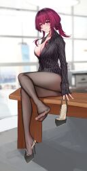 Rule 34 | 1girl, blush, feet, highres, honkai: star rail, honkai (series), kafka (honkai: star rail), long hair, looking at viewer, pantyhose, parted lips, pink eyes, red hair, shoes, sitting, soles, toes, unworn shoes, zhajiangmian mm