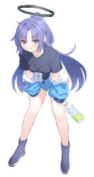 Rule 34 | 1girl, absurdres, black shirt, blue archive, blue eyes, blue jacket, blush, bottle, breasts, commentary, full body, halo, highres, holding, holding bottle, jacket, joker (tomakin524), leaning forward, long hair, looking at viewer, medium breasts, off shoulder, ponytail, purple hair, shirt, shoes, simple background, solo, standing, sweat, water bottle, white background, yuuka (blue archive), yuuka (track) (blue archive)
