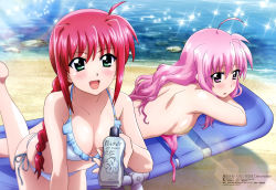 Rule 34 | 2girls, :d, absurdres, ahoge, amitie florian, bare shoulders, beach chair, bikini, blush, braid, breasts, cleavage, collarbone, day, frilled bikini, frills, green eyes, hair between eyes, highres, kyrie florian, long hair, looking at viewer, lotion, lotion bottle, lying, lyrical nanoha, magazine scan, mahou shoujo lyrical nanoha, mahou shoujo lyrical nanoha detonation, medium breasts, megami magazine, miyachi satoko, multiple girls, official art, on stomach, open mouth, outdoors, pink bikini, pink eyes, pink hair, red hair, religious offering, river, scan, shoulder blades, siblings, side-tie bikini bottom, sidelocks, single braid, sisters, smile, sparkle, sunscreen, swimsuit, topless, untied bikini, water, white bikini