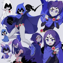 Rule 34 | 1girl, absurdres, black leotard, breasts, cape, colored skin, commentary, dc comics, english commentary, forehead jewel, full body, grey skin, highres, hood, leotard, looking at viewer, open mouth, purple hair, raven (dc), short hair, teen titans, urucra