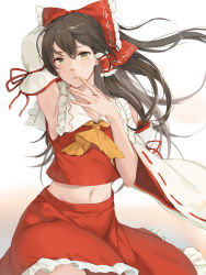 Rule 34 | 1girl, armpits, arms behind back, ascot, bow, breasts, brown hair, cowboy shot, detached sleeves, gohei, hair between eyes, hair bow, hair tubes, hakurei reimu, highres, long hair, long sleeves, looking at viewer, navel, nontraditional miko, ofuda, red skirt, red vest, ribbon-trimmed sleeves, ribbon trim, rinarisa, sarashi, simple background, skirt, small breasts, solo, touhou, vest, white background, yellow ascot, yellow eyes